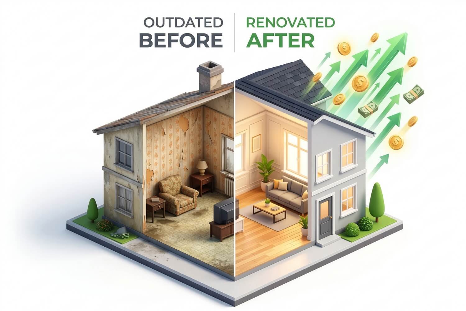 Isometric before-and-after of a house remodel with value arrows