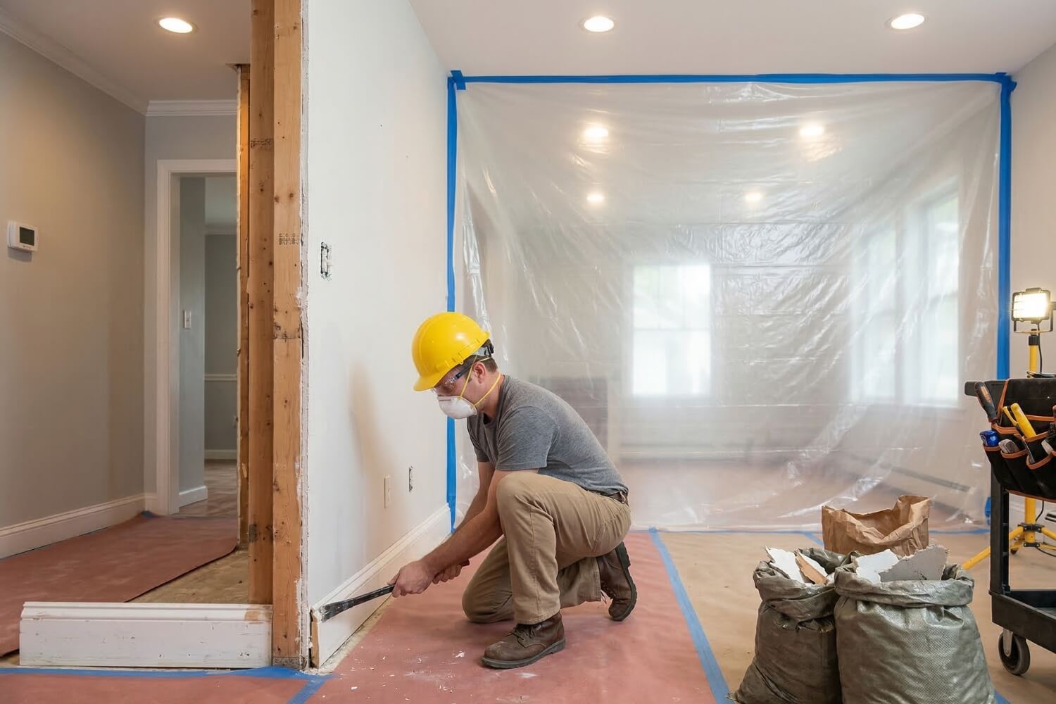 Worker removing baseboard in a remodel