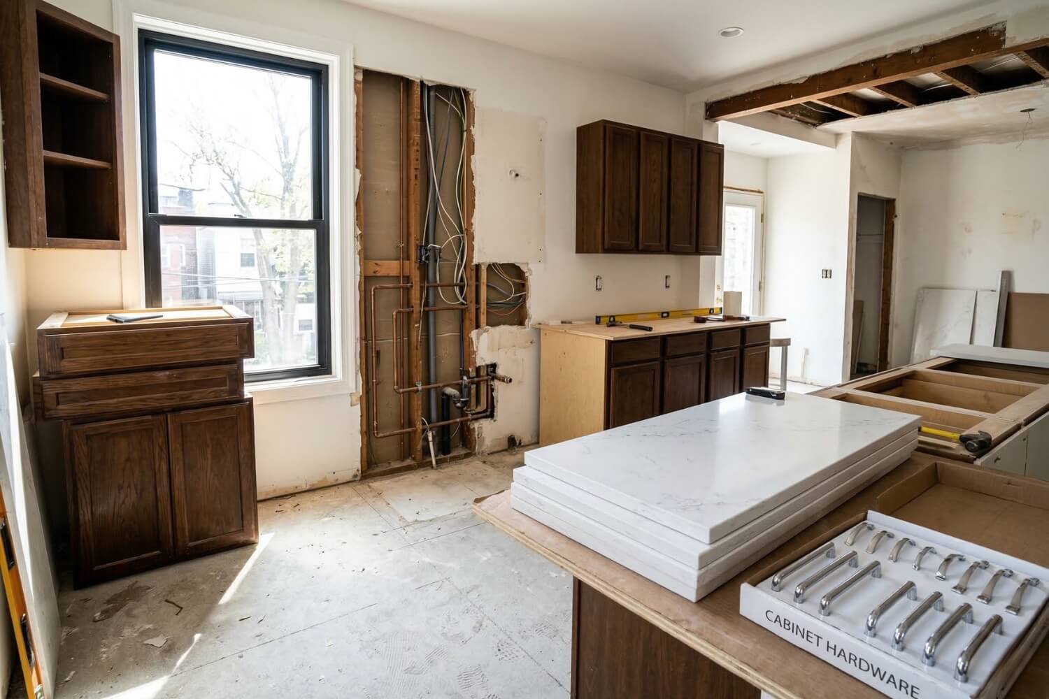 Precision kitchen demolition with exposed pipes