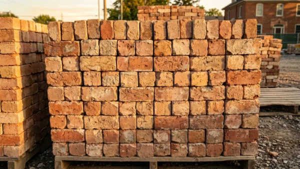 Neatly stacked reclaimed handmade bricks from demolished Ontario house ready for reuse