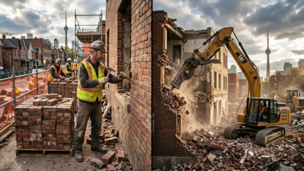 Side-by-side comparison of deconstruction and mechanical demolition