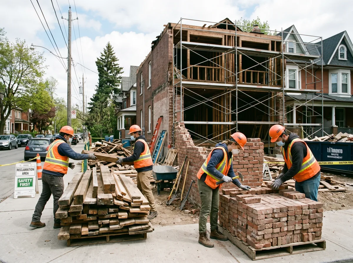 Workers carefully salvaging lumber and bricks from a residential structure during selective deconstruction in Toronto