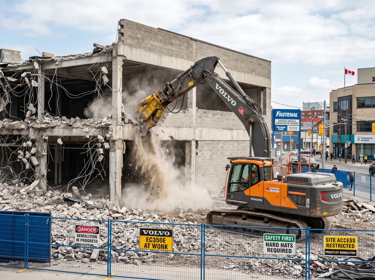 Demolition excavator with hydraulic shear demolishing a commercial building in Ontario