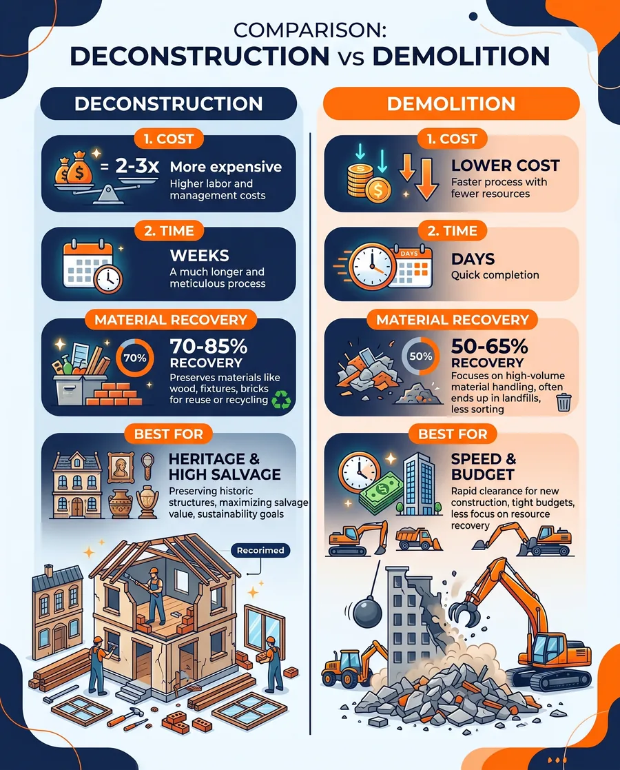 Deconstruction vs demolition comparison infographic showing cost, time, and environmental factors