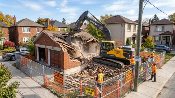 Excavator demolishing a red brick garage in the GTA