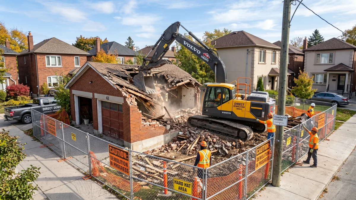 Excavator demolishing a red brick garage in the GTA