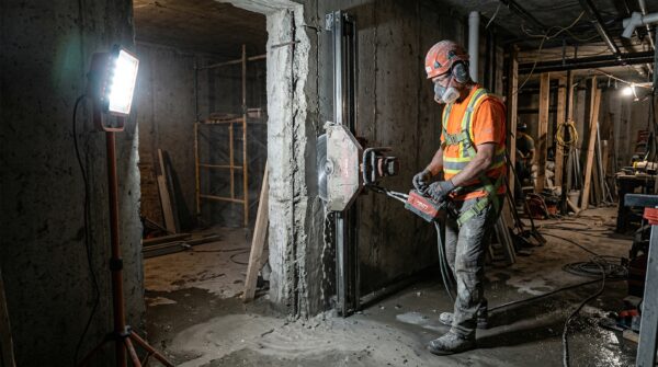 Construction worker operating a track-mounted diamond wall saw cutting a doorway through a concrete basement wall