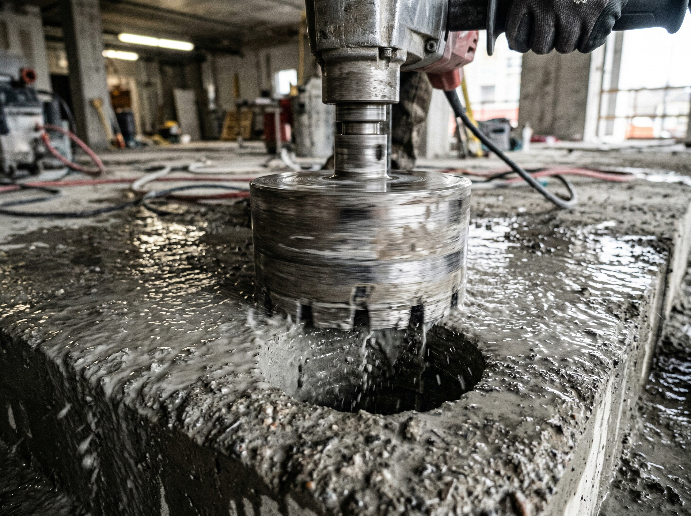 Close-up of a diamond core drill bit cutting a 6-inch round hole through a concrete slab with water cooling