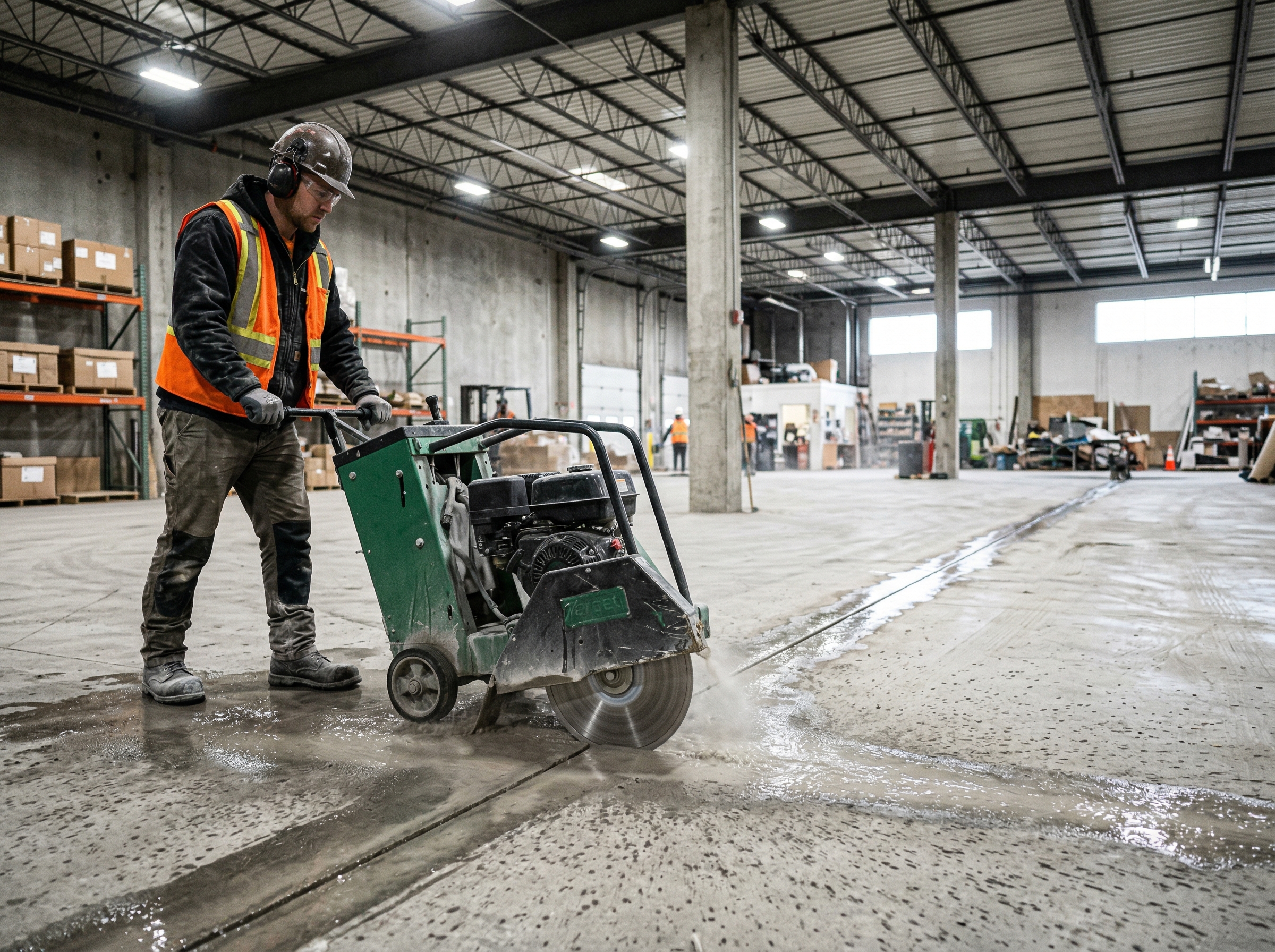 Operator pushing a walk-behind diamond slab saw across a concrete warehouse floor with water cooling