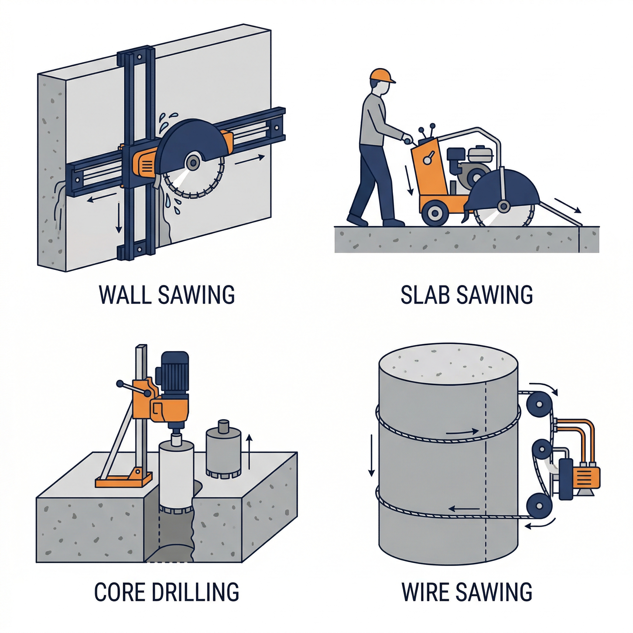 Infographic comparing four concrete cutting methods used in GTA demolition: wall sawing, slab sawing, core drilling, and wire sawing