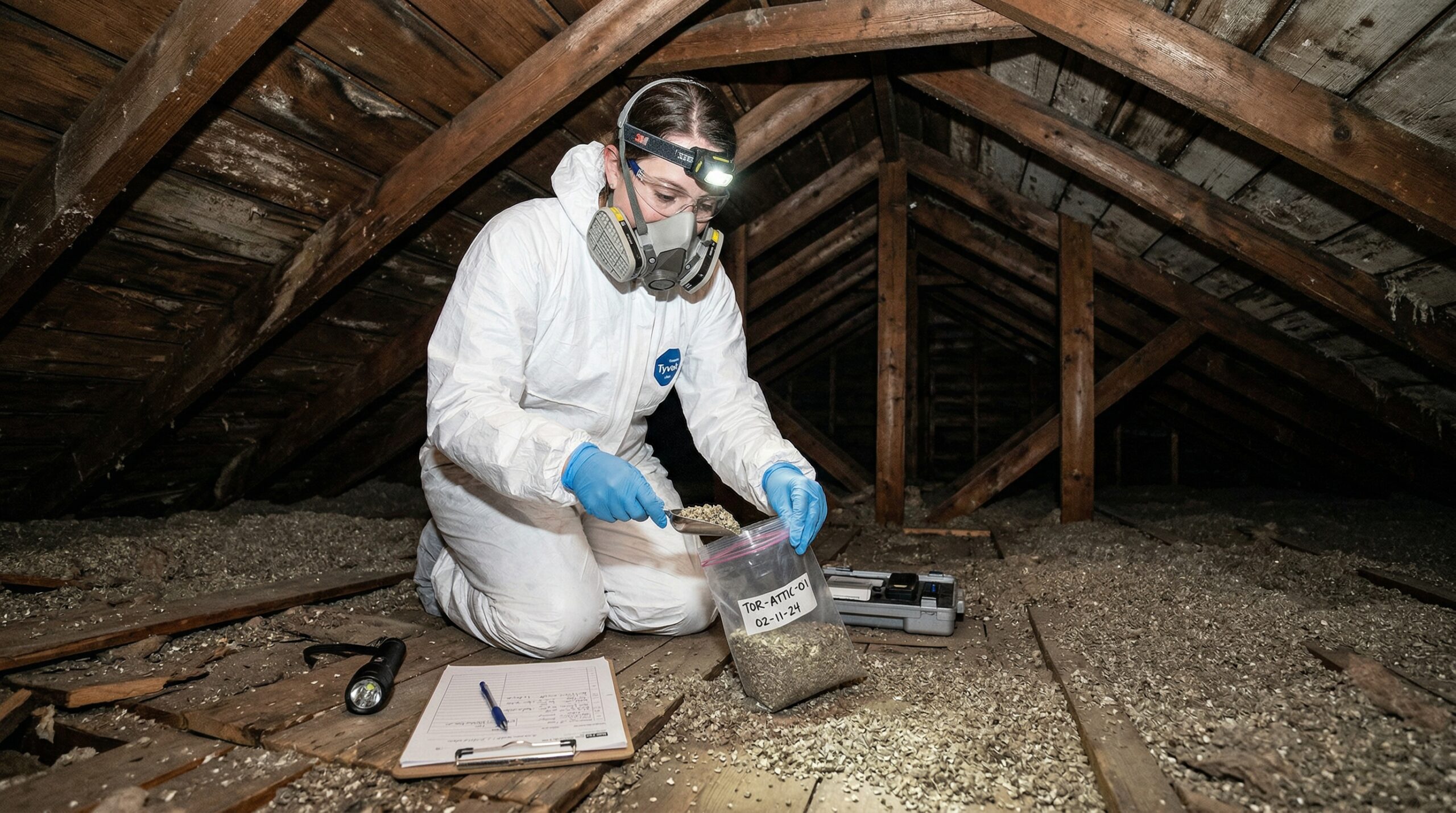 Industrial hygienist in Tyvek coveralls taking a vermiculite insulation sample from a Toronto attic