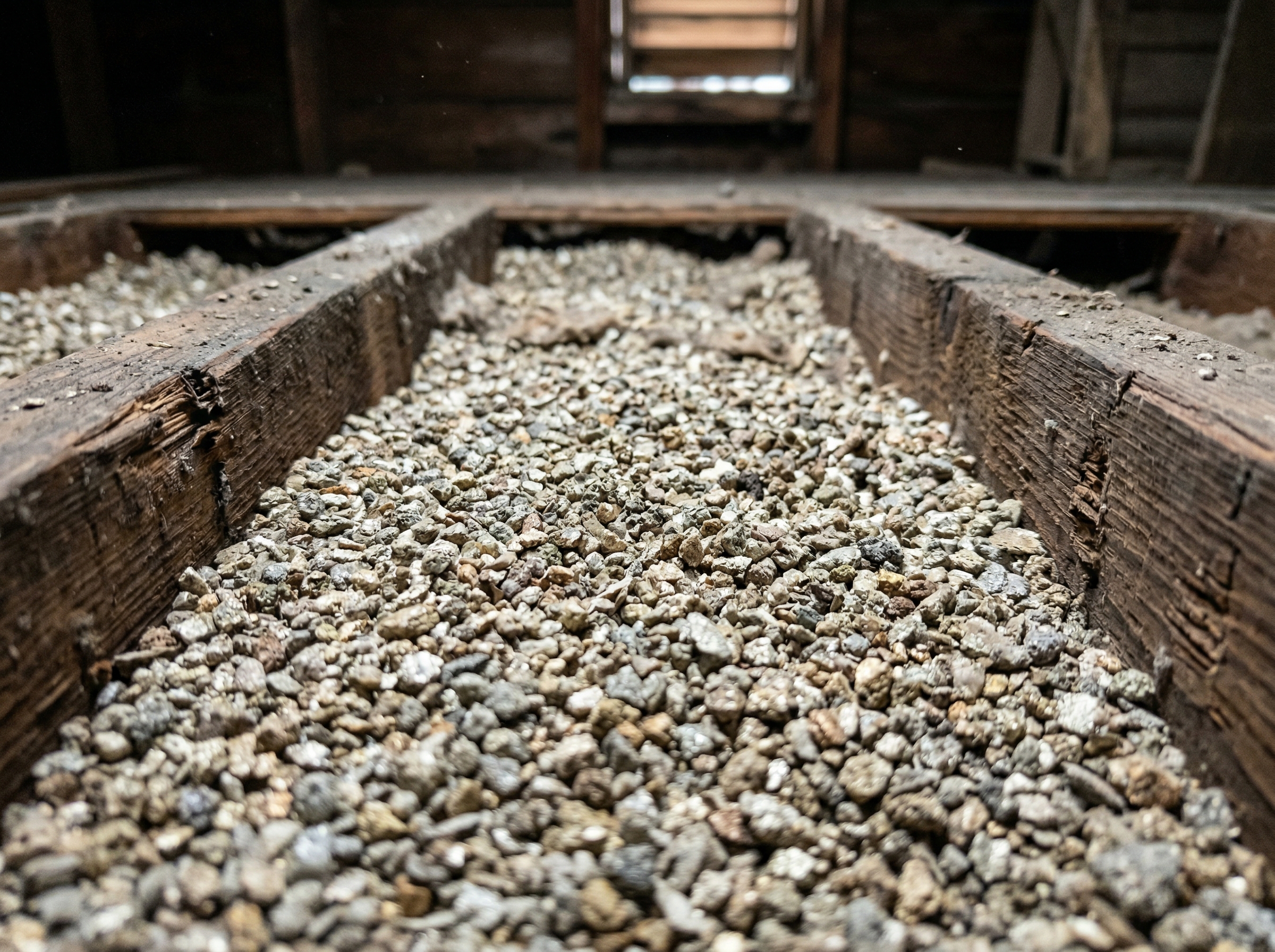 Close-up of grey-gold vermiculite loose-fill insulation between wood ceiling joists in a Toronto attic