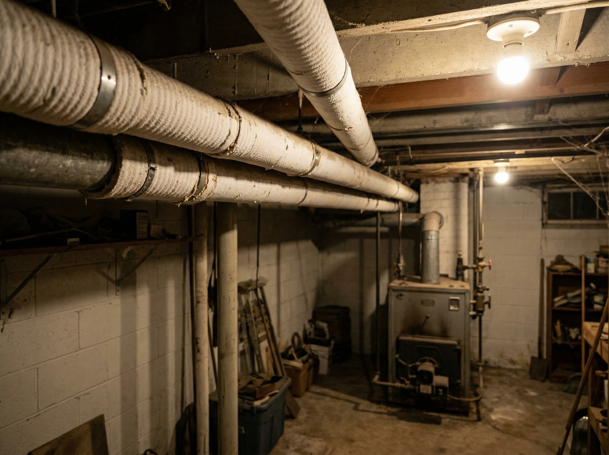 1970s Toronto basement with white corrugated asbestos pipe insulation wrapped around horizontal steam pipes
