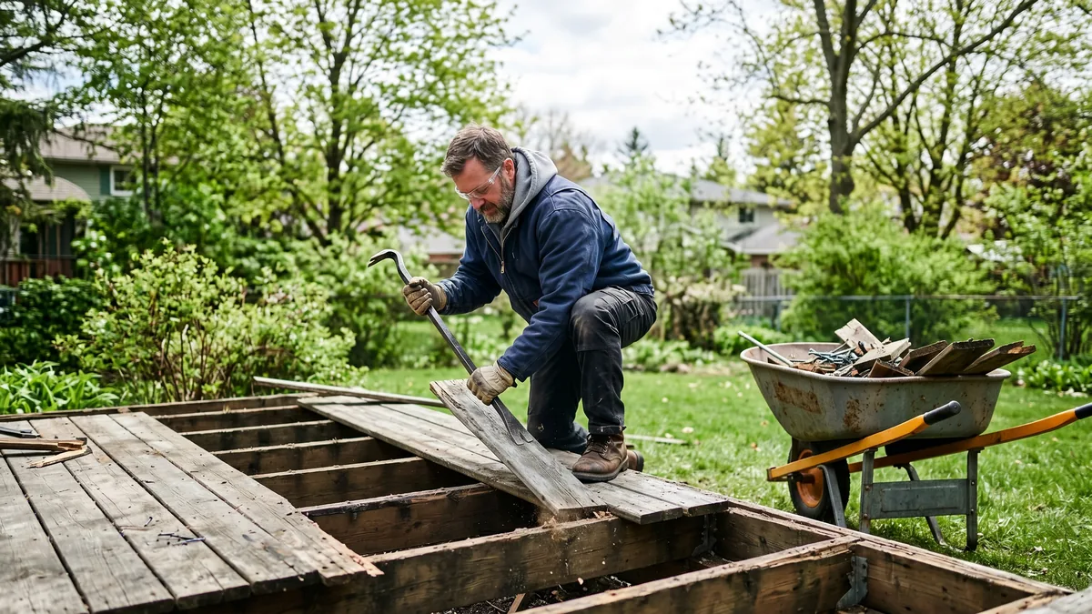 Homeowner prying up weathered boards from an old backyard deck during a removal in Ontario
