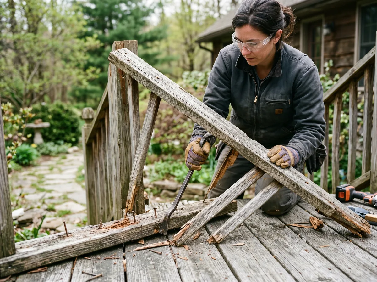 Homeowner in safety gear using a pry bar to remove railings from an old backyard deck in Ontario