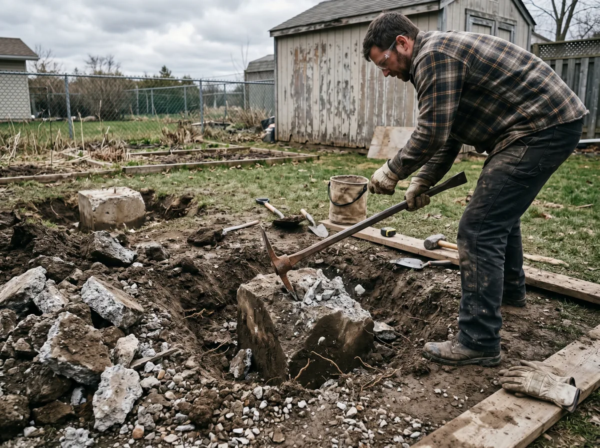 Old concrete deck footings being dug out and broken up in an Ontario backyard during deck removal