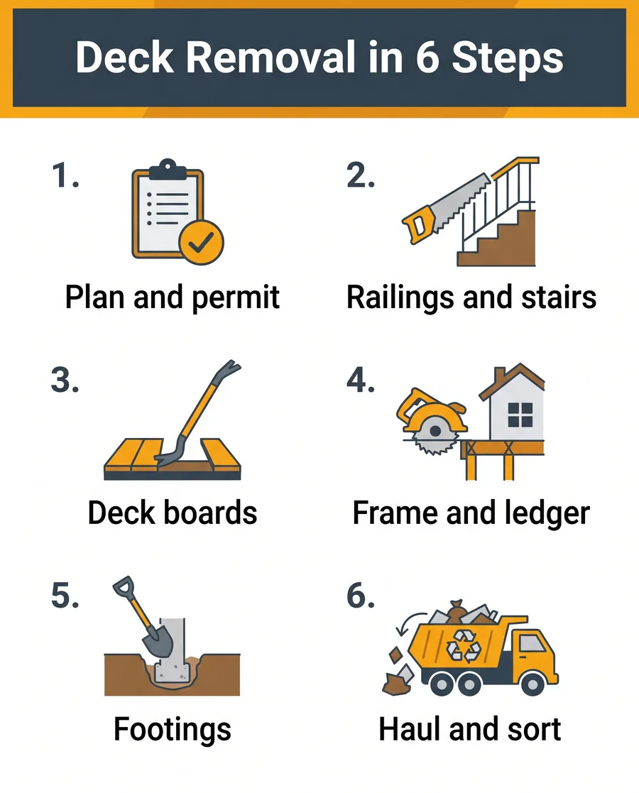 Infographic showing the step-by-step order for removing an old wood deck in Ontario