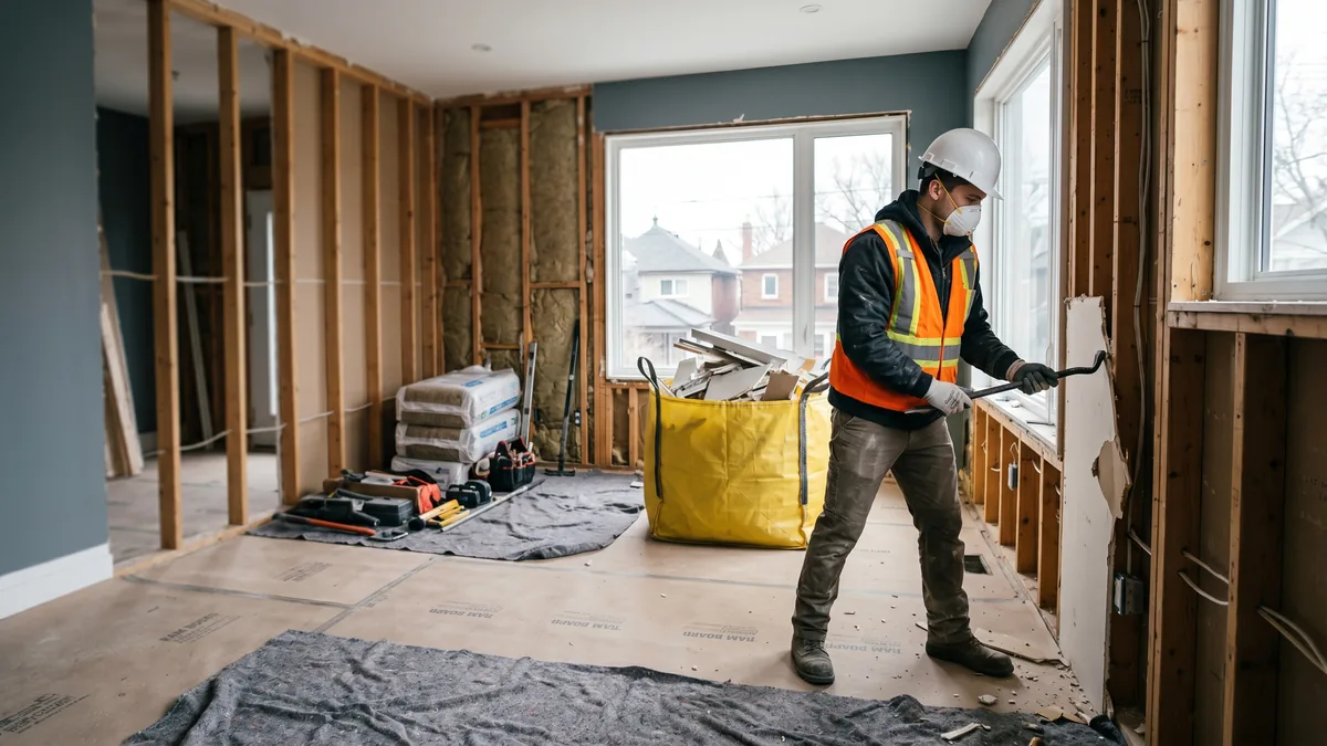 Worker hand-stripping the interior of a Toronto home during a soft demolition