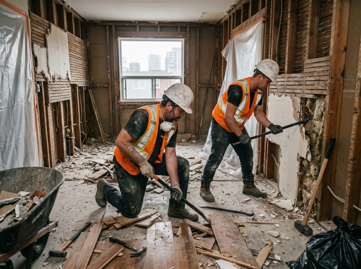 Demolition crew hand-stripping drywall and flooring from a Toronto interior during a soft demolition