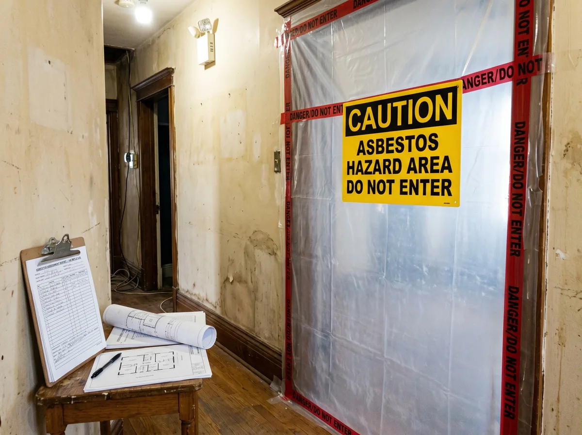 Asbestos warning signage and sealed containment during pre-demolition work on a pre-1990 Toronto home