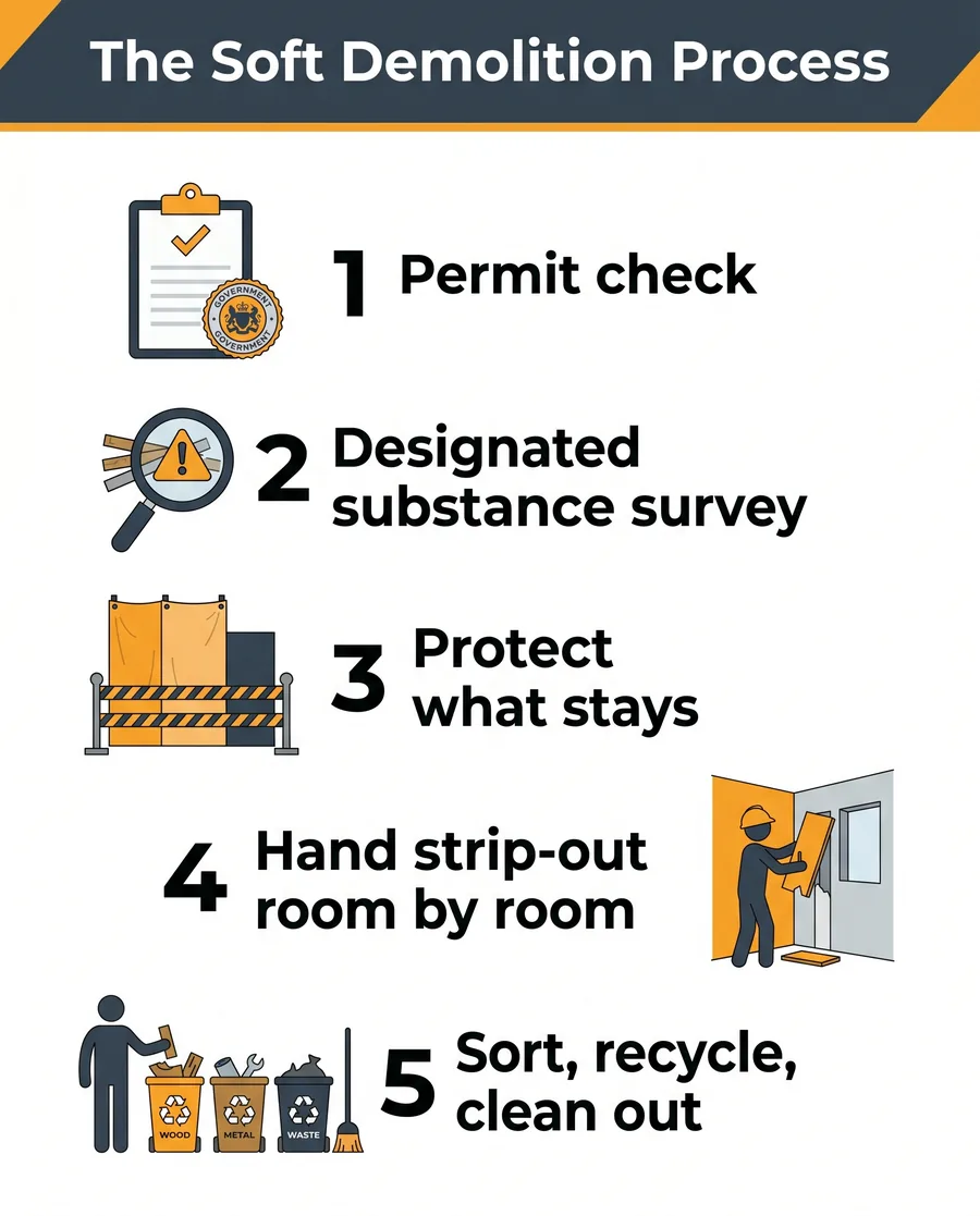 Infographic comparing the soft demolition process steps for a Toronto interior renovation