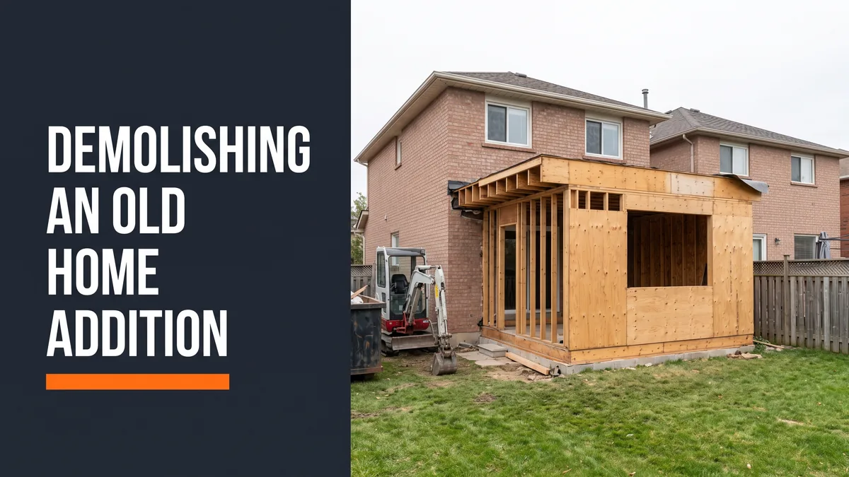 Rear home addition being removed from a brick house, showing the tie-in to the main wall