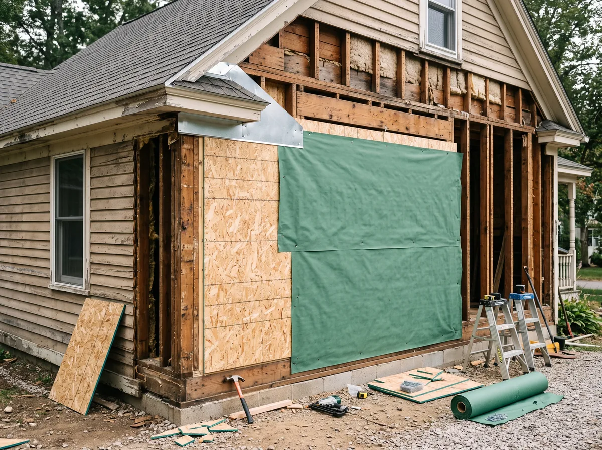 Exposed house wall being sheathed and wrapped weathertight after an addition was removed