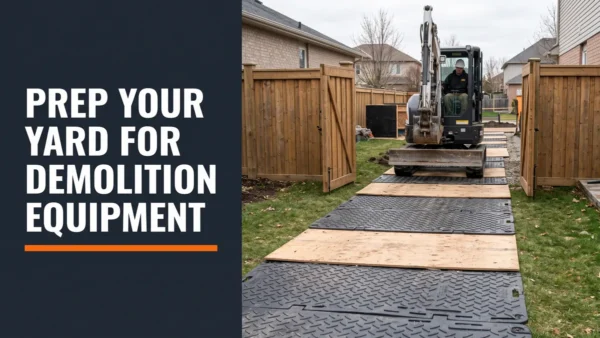 Compact excavator crossing ground protection mats in a backyard toward a demolition work area