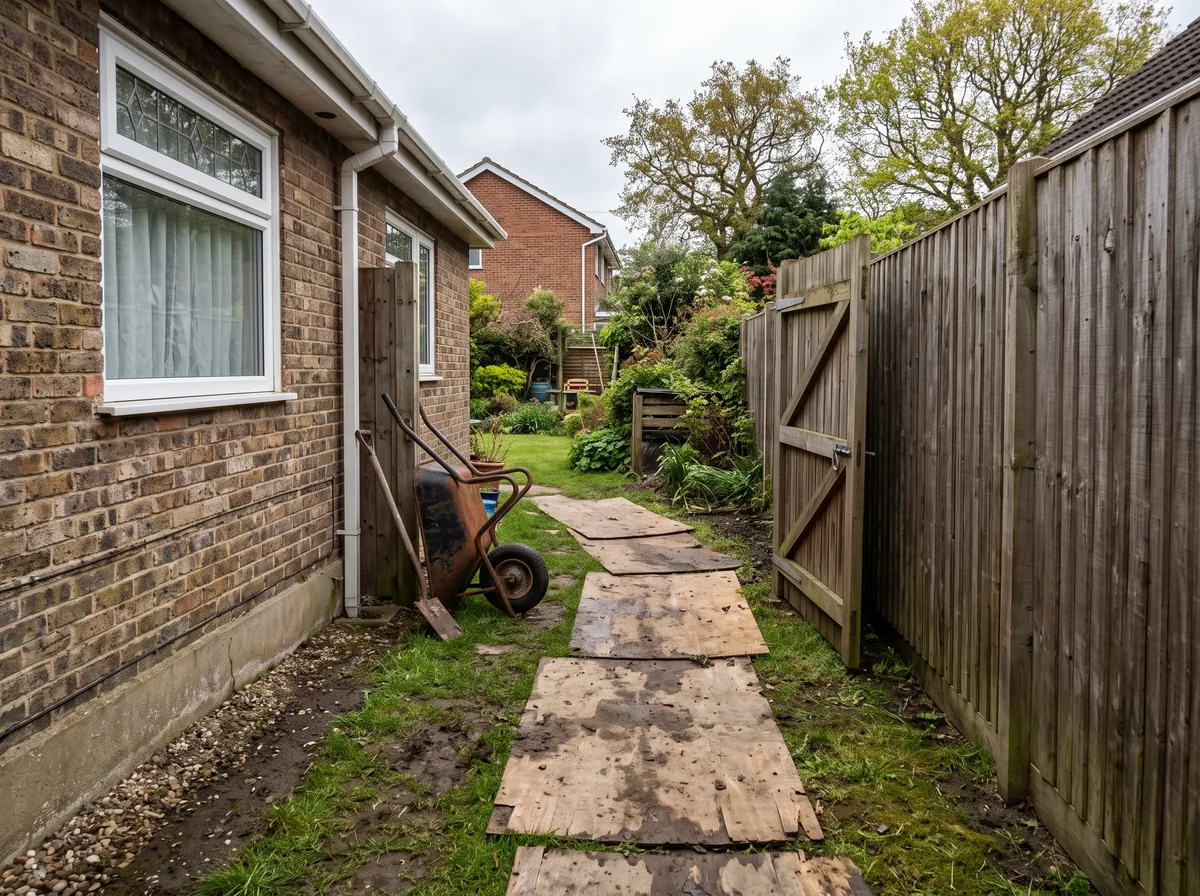 Narrow side-yard access route with plywood laid over grass and an open gate for equipment