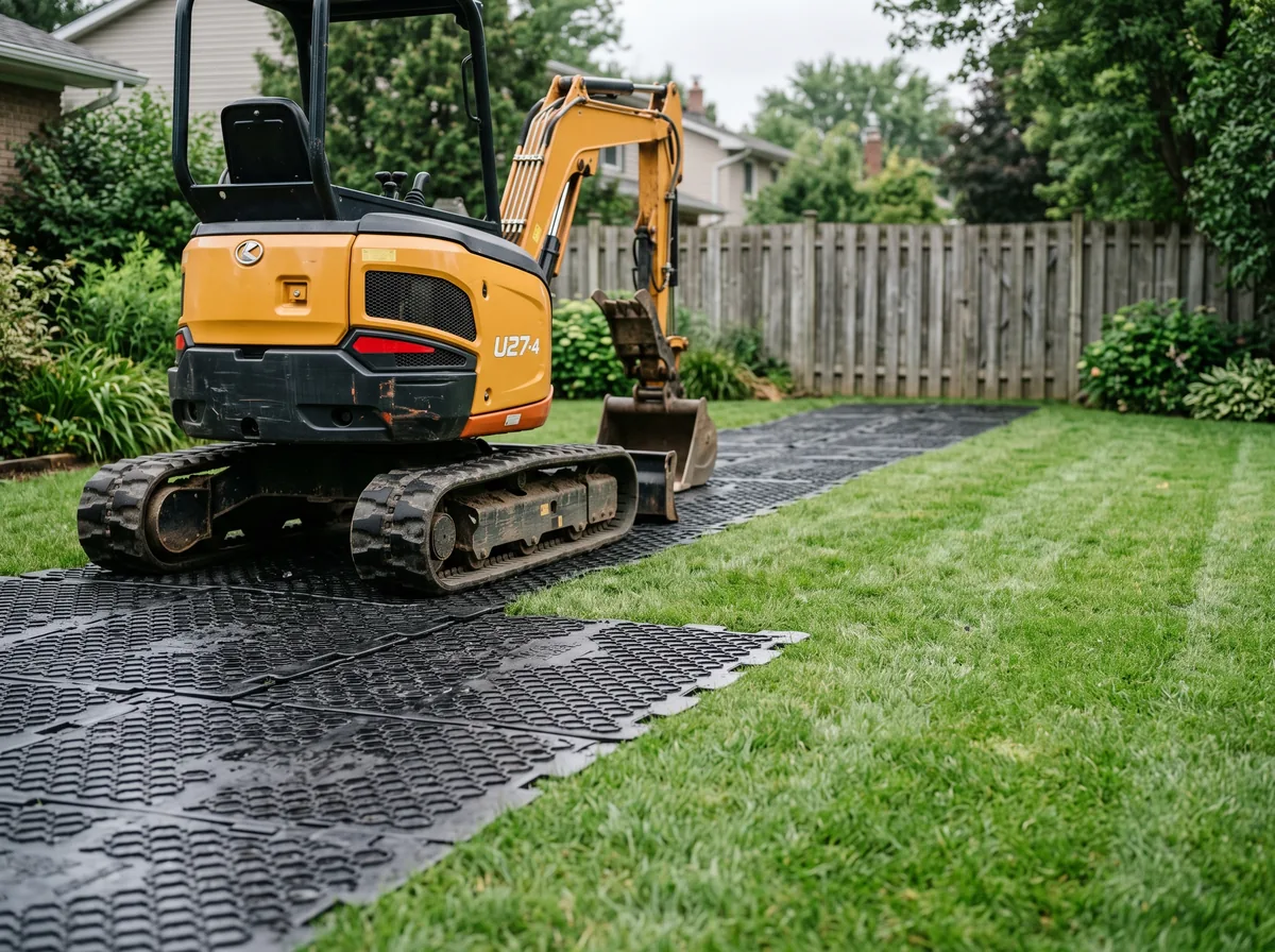 Interlocking ground protection mats forming a roadway across a lawn under an excavator's tracks