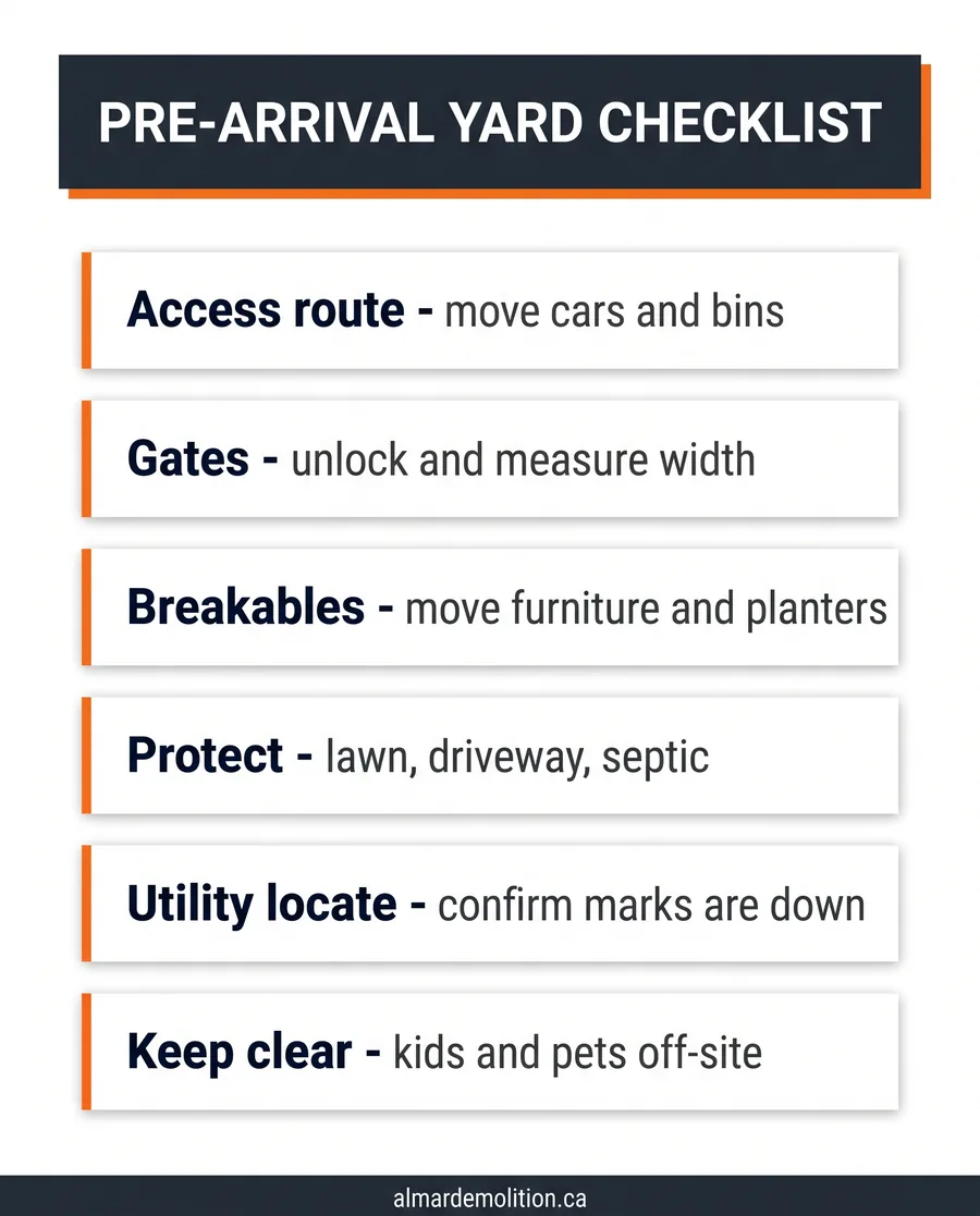 Pre-arrival yard checklist for a demolition crew, from clearing access to confirming utility locates
