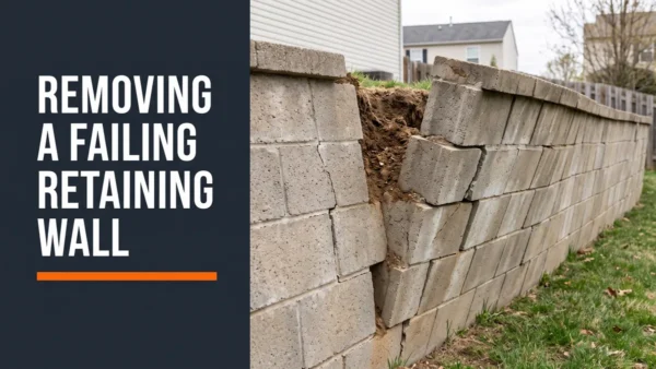 Leaning and cracked concrete-block retaining wall in a backyard, showing signs of failure