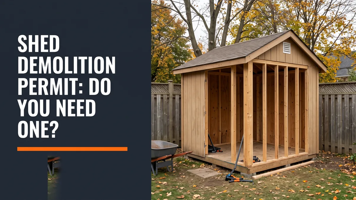 Small backyard shed being taken apart, illustrating a shed demolition permit in Ontario
