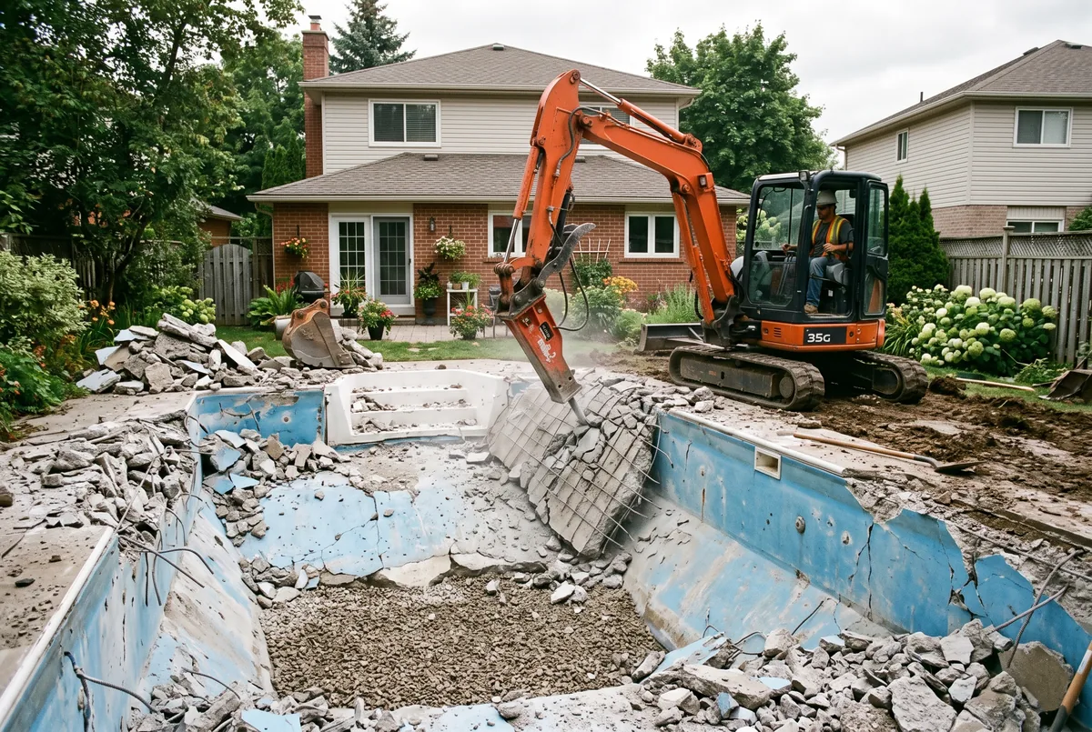 Excavator breaking up an in-ground pool concrete shell during pool demolition