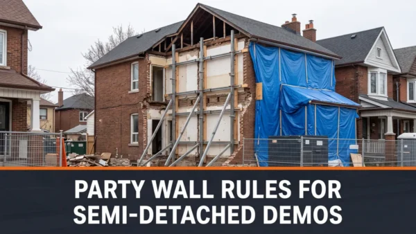 Semi-detached house half demolished with the shared wall braced, showing party wall demolition