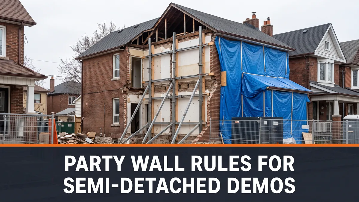 Semi-detached house half demolished with the shared wall braced, showing party wall demolition