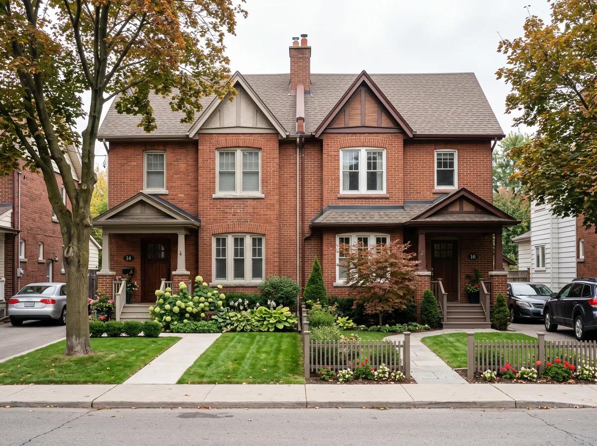 Intact brick semi-detached home showing the central line where two units share a wall