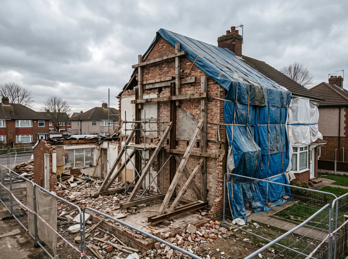 Exposed party wall braced with shoring while one half of a semi is demolished