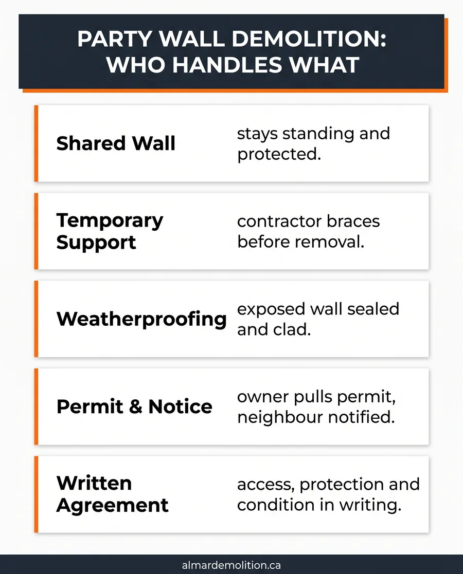 Card guide to party wall demolition responsibilities: wall, support, weatherproofing, permit, agreement