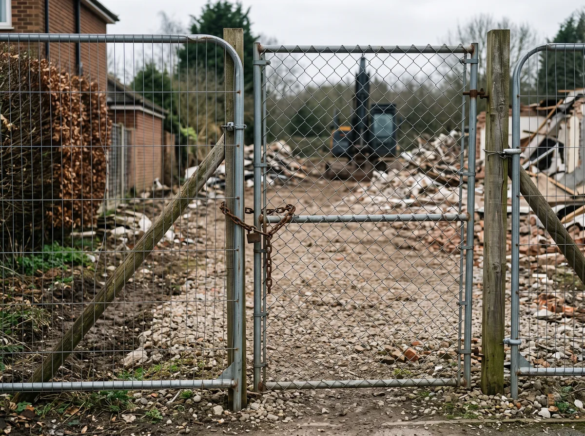 Locked temporary fence gate around a residential demolition work zone