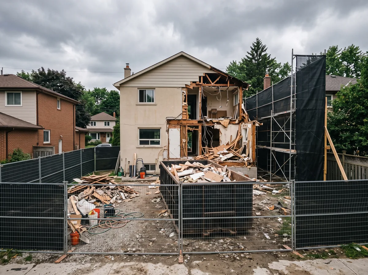 Active demolition site with debris bin, dust screening, and perimeter fencing in place