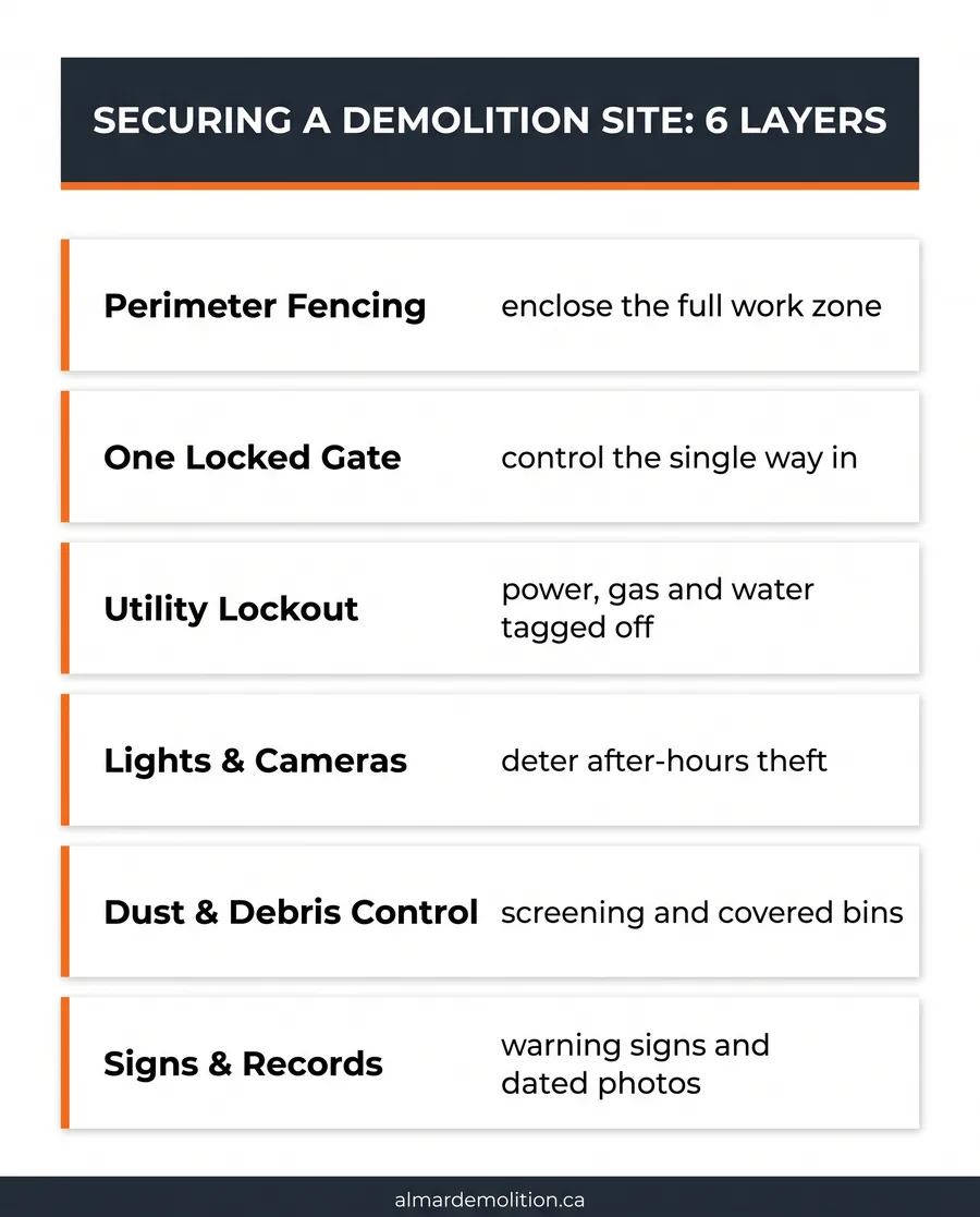 Card guide to six layers of property security during demolition, from fencing to records