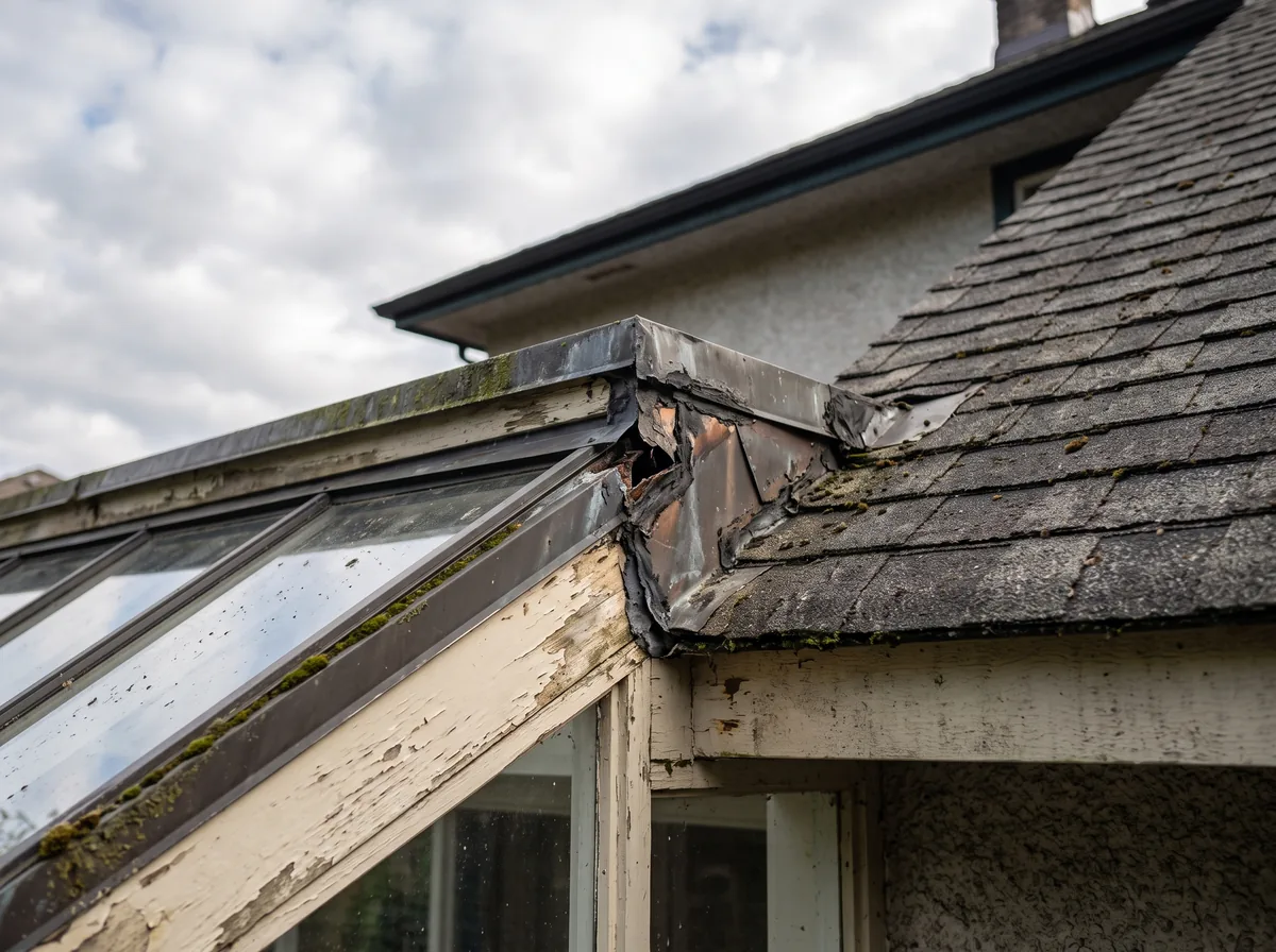 Roofline where an old solarium addition ties into the main house before removal