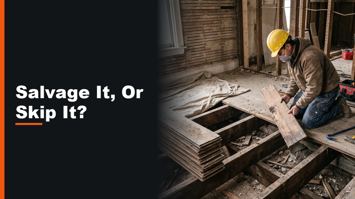An interior demolition scene with subfloor boards pried up and joists exposed underneath