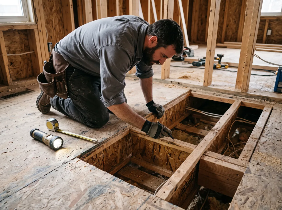 A contractor marking a section of floor joists for a closer look