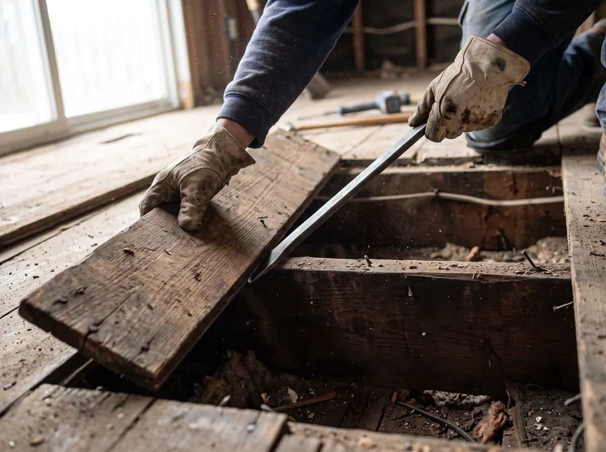 A worker hand-prying old subfloor boards from the joists below